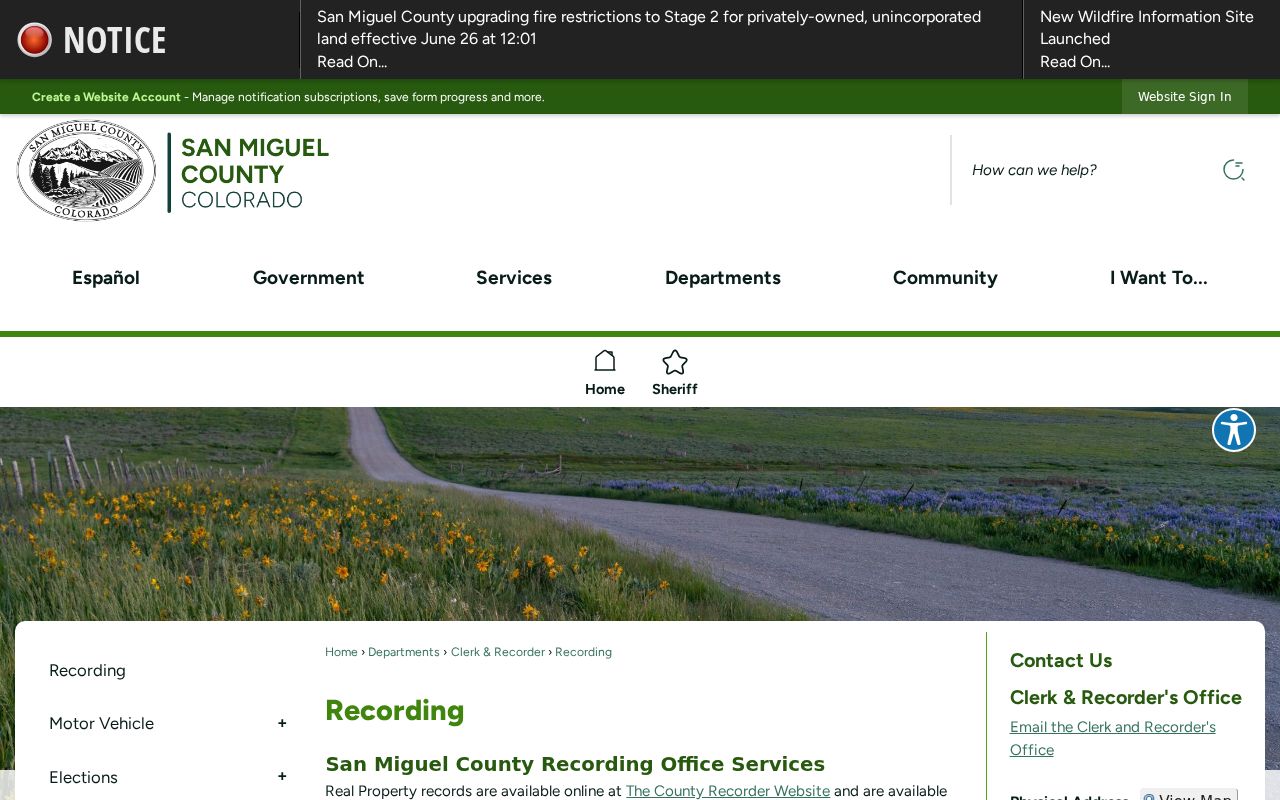 San Miguel County recorded document records page for clerk record searches