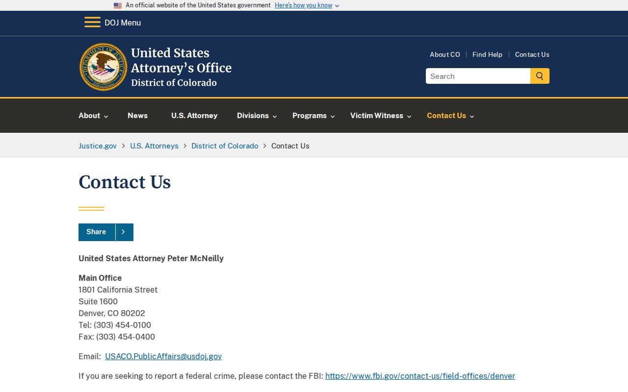 San Miguel County arrest records U.S. Attorney District of Colorado contact page