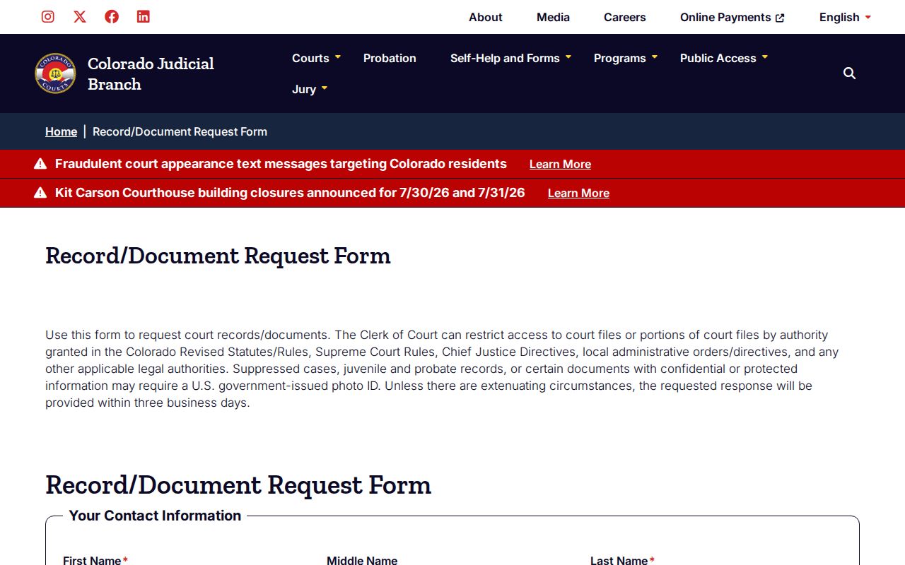 San Miguel County court records document request form