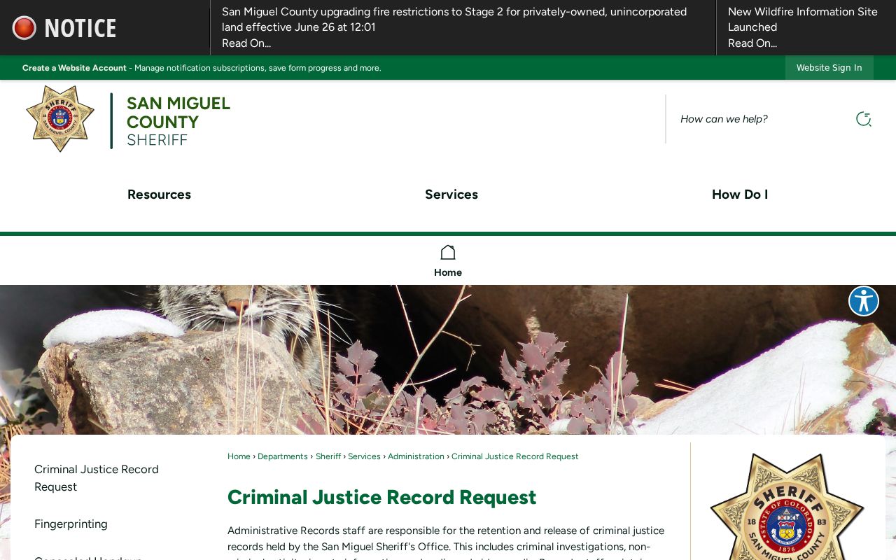 San Miguel County criminal court records sheriff criminal justice record request page