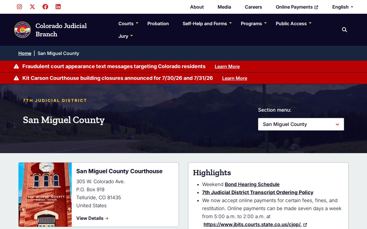 San Miguel County Court page for District Court and County Court records