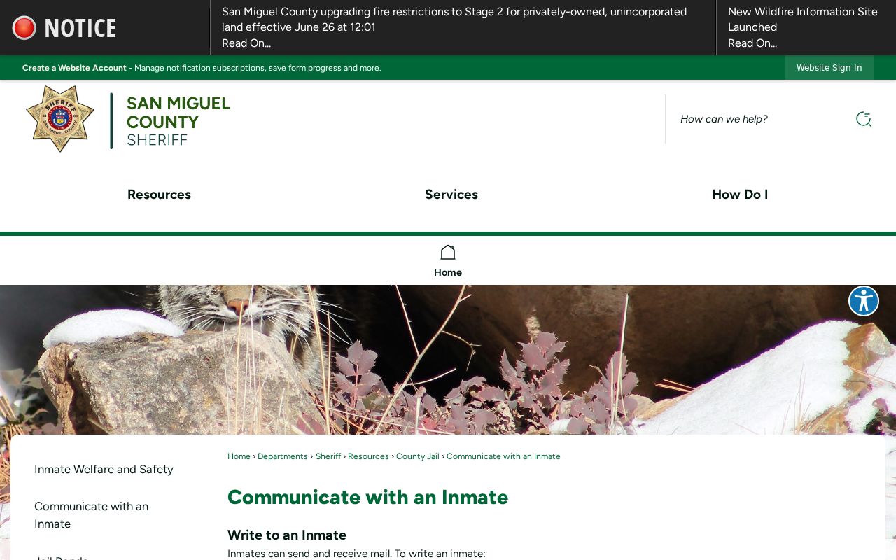 San Miguel County inmate records mail and communication rules