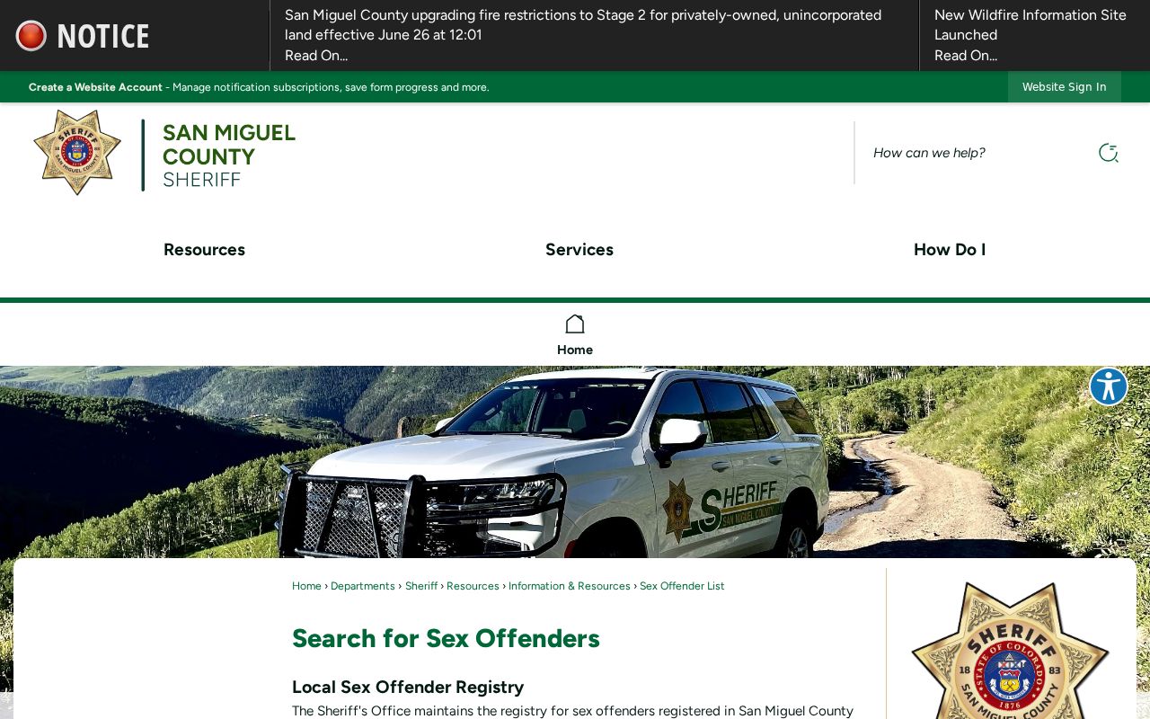 San Miguel County probate records sheriff sex offender information reference