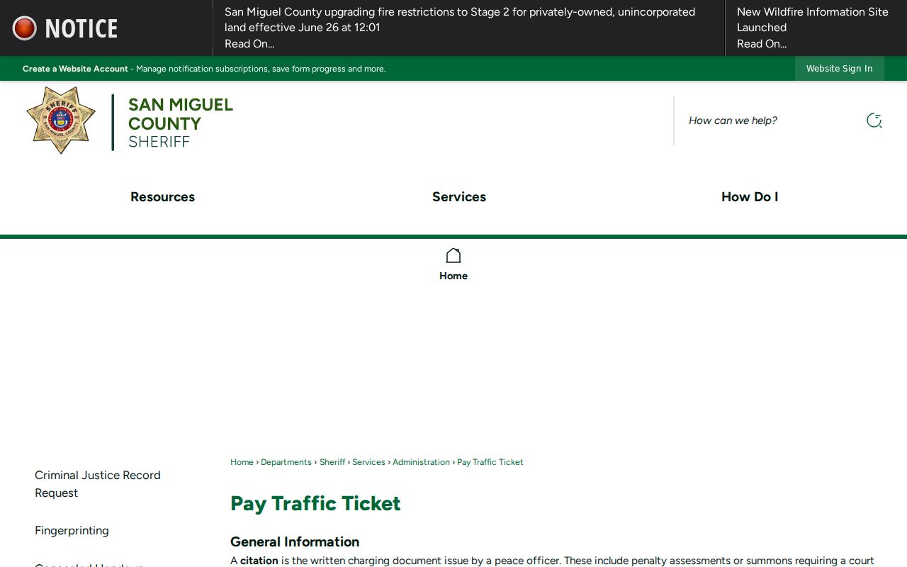 San Miguel County traffic court records pay traffic ticket page